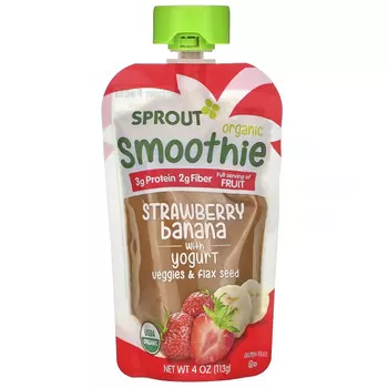 Sprout Organic, Смузи, клубника и банан с йогуртом, овощами и семенами льна, 113 г (4 унции)