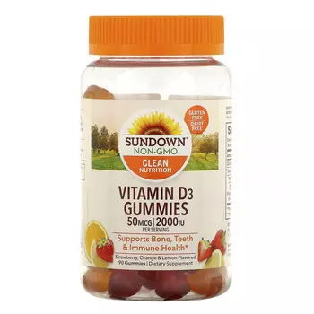 Sundown Naturals, жевательные конфеты с витамином D3, со вкусом клубники, апельсина и лимона, 25 мкг (1000 МЕ), 90 жевательных конфет