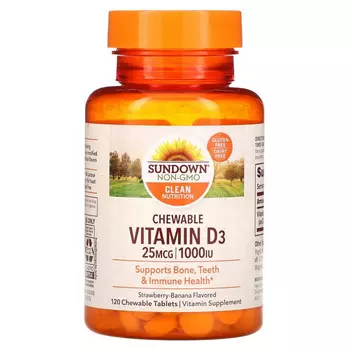 Sundown Naturals, Жевательный витамин D3 со вкусом клубники и банана, 25 мг (1000 МЕ), 120 жевательных таблеток