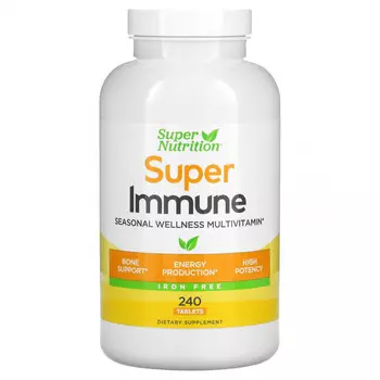 Super Nutrition, Super Immune, мультивитаминный комплекс с глутатионом для укрепления иммунитета, без железа, 240 таблеток