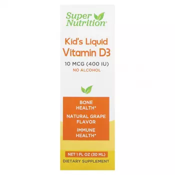 Super Nutrition, жидкий витамин D3 для детей, без спирта, со вкусом винограда, 10 мкг (400 МЕ), 30 мл (1 жидк. унция) (Товар снят с продажи)