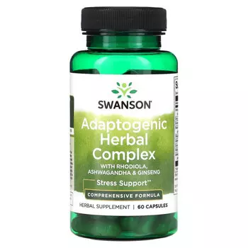 Swanson, Адаптогенный травяной комплекс с родиолой, ашвагандой и женьшенем, 60 капсул