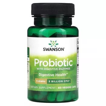 Swanson, Пробиотик с пищеварительными ферментами, 5 млрд КОЕ, 60 растительных капсул