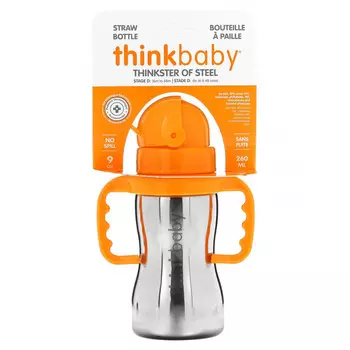 Think, Thinkbaby, Thinkster of Steel, стальная бутылочка, оранжевая, бутылочка с 1 соломинкой, 290 мл (10 унций)