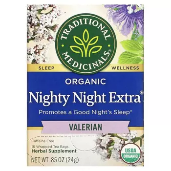Traditional Medicinals, Nighty Night Extra, чай из органической валерианы, 16 отдельно упакованных чайных пакетиков, 24 г (85 унций)