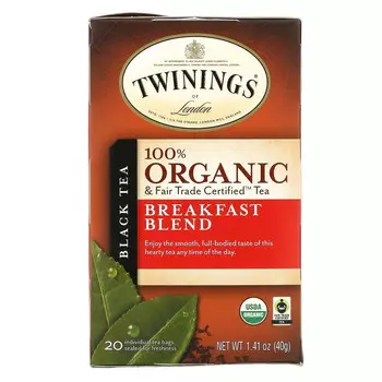 Twinings, 100% Органический Черный Чай, Купаж для Завтрака, 20 пакетиков, 1.41 унций (40 г)