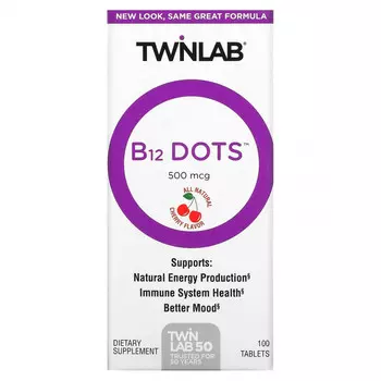 Twinlab, B12 Dots, вишня, 500 мкг, 100 таблеток