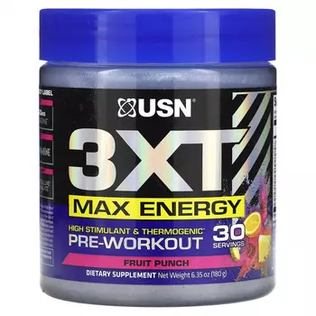 USN, 3XT Max Energy, предтренировочный комплекс с высоким стимулятором и термогенным действием, фруктовый пунш, 180 г (6,35 унции)
