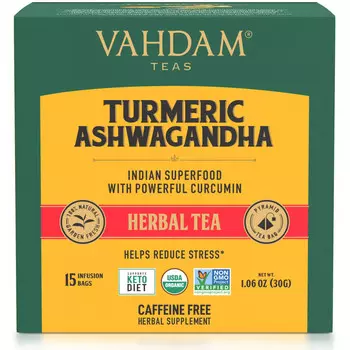 Vahdam Teas, травяной чай, куркума и ашвагандха, без кофеина, 15 чайных пакетиков, 30 г (1,06 унции)