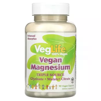 VegLife, веганский магний, тройной источник, 90 веганских капсул