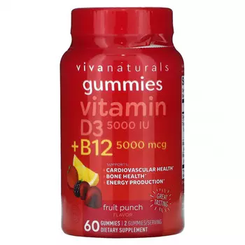 Viva Naturals, Витамины D3 и B12, фруктовый пунш, 60 жевательных таблеток