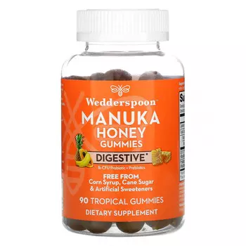 Wedderspoon, Жевательные мармеладки с медом Manuka, для пищеварительной системы, тропические, 90 жевательных таблеток