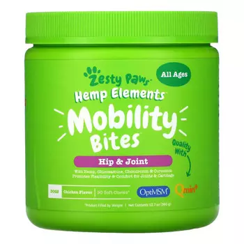 Zesty Paws, Hemp Elements, Mobility Bites For Dogs, All Ages, Chicken Flavor, 90 Soft Chews