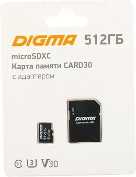 Карта памяти Digma microSDXC CARD30 512Gb Class10 +adapter (DGFCA512A03)