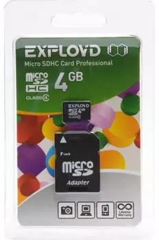 Карта памяти Exployd MicroSDHC 4GB Class4 (+ адаптер SD)