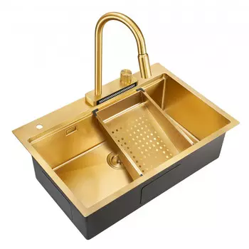 Кухонная мойка Milacio Denia 75 Steel золото (MC.77428) Комплект: мойка, смеситель и коландер