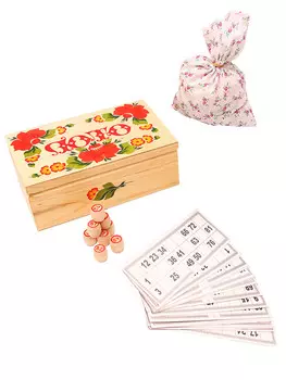 Настольная игра Рыжий Кот Русское лото в деревянном расписном сундучке (Красные цветы) (ИН-3551)