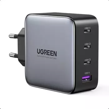 Сетевое зарядное устройство Ugreen CD226 USB-A+3*USB-C 100W GaN Fast Charger с кабелем 100W USB-C серый космос (90575)