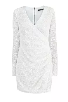 Белое мерцающее платье мини, расшитое пайетками и бисером