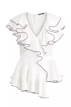 Блуза из шелка с объемными оборками и контрастной окантовкой