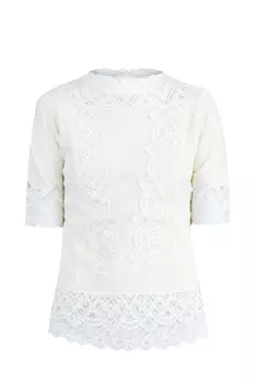 Блуза из шерстяной ткани с отделкой галунным кружевом