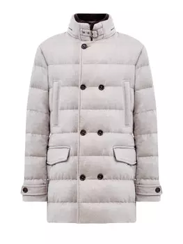 Двубортный пуховик из шерсти и кашемира с меховой вставкой