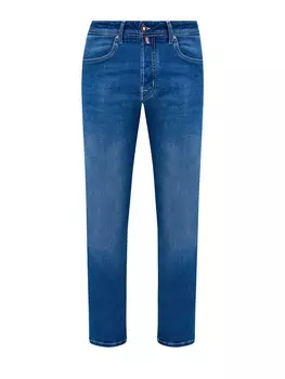 Джинсы из эластичного японского денима с нашивкой из меха пони