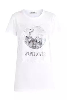 Хлопковая футболка с черно-белой аппликацией и вышивкой пайетками