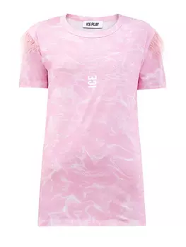 Эффектная футболка с мраморным принтом и перьями