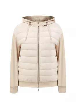 Комбинированный пуховик в стиле бомбера с капюшоном