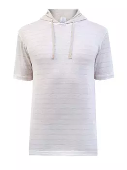 Льняная футболка в стиле худи с капюшоном и принтом в полоску