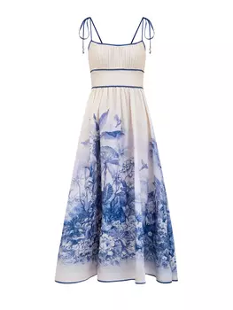 Льняное платье Wylie с завязками и принтом Blue Palm