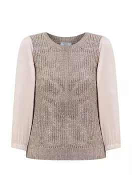 Льняной джемпер с рукавами из органзы и микро-пайетками