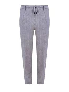 Льняные брюки в тонкую полоску с защипами и поясом на кулиске