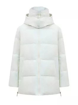 Объемный пуховик А-силуэта с отделкой из меха ягненка