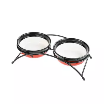 Petmax Миска керамическая двойная на подставке для кошек, 2х300 мл, красная