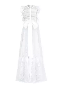 Платье макси в стиле бохо с перфорацией, оборками и поясом-лентами