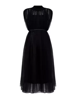 Платье-плиссе из тюля с поясом и трикотажным воротом