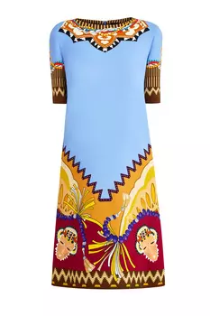 Платье-трапеция с этническим макро-принтом и короткими рукавами