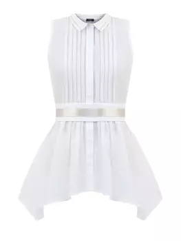 Приталенная блуза из органзы с атласным поясом и баской