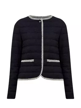 Пуховая куртка из мерцающей ткани букле с контрастной тесьмой