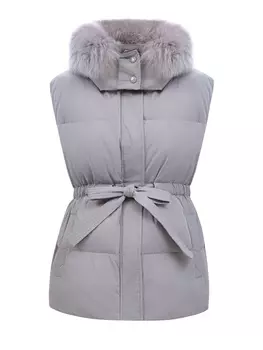 Пуховый жилет с отделкой из меха лисы и поясом в тон