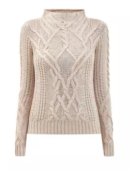 Пуловер с объемным вязаным узором и кристаллами