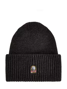 Шапка из шерсти английской вязки с отворотом и нашивкой