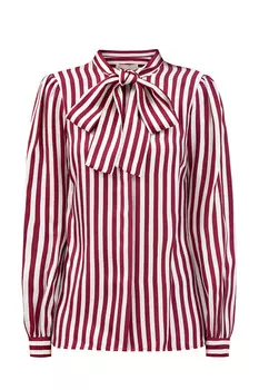 Шелковая блуза в полоску с лентами на вороте