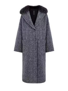 Шерстяное пальто с шевронным узором и отделкой из меха песца