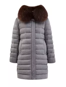 Стеганый пуховик из шерсти и кашемира с густым мехом енота