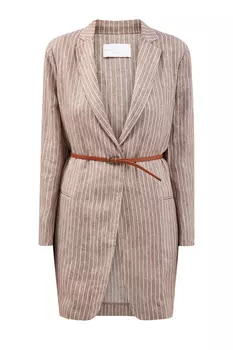 Удлиненный льняной жакет с ремнем из крупнозернистой кожи