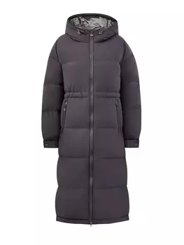 Удлиненный пуховик с регулируемым поясом и капюшоном