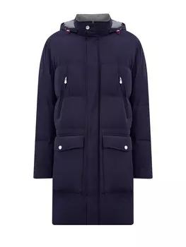 Удлиненный пуховик с трикотажными деталями и съемным капюшоном